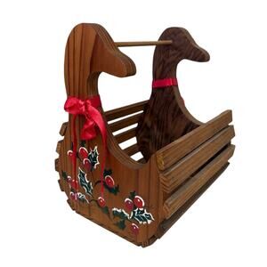 Vintage Wooden Goose Basket Hand Painted Country Cottage Christmas Decor 9”